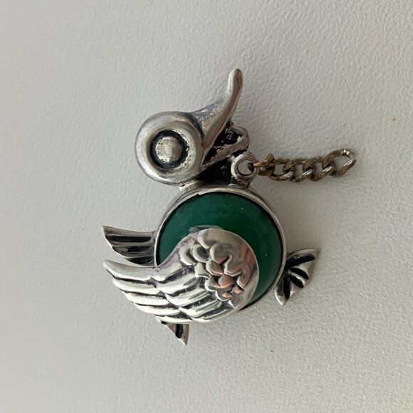 Vintage Sterling Silver Duck Brooch with Green Stone - Picture 1 of 5